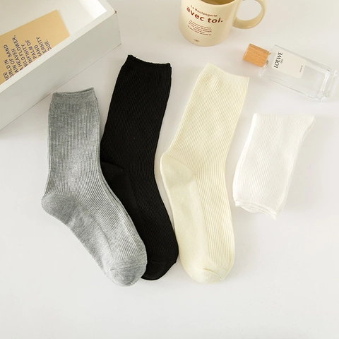 Women Mid Calf Socks Ribbed Cotton Blend Solid Color Slouchy Breathable Minimalist Japanese Style Comfortable Crew Hosiery