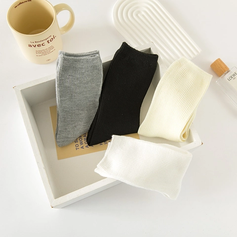 Women Mid Calf Socks Ribbed Cotton Blend Solid Color Slouchy Breathable Minimalist Japanese Style Comfortable Crew Hosiery
