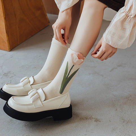 Women Crew Socks Combed Cotton Tulip Embroidery Sweet Lolita Japanese Style Scalloped Edge Breathable Jacquard Floral