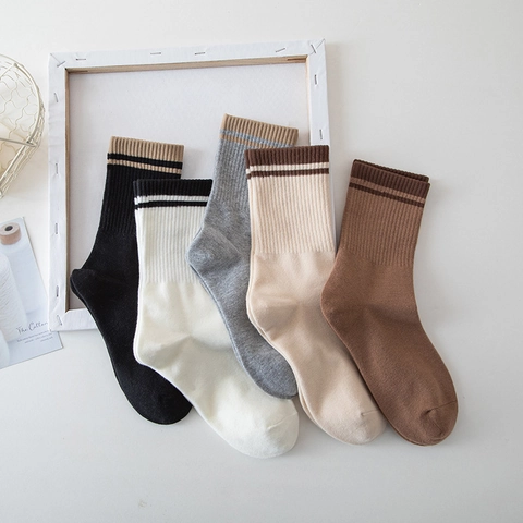 Women Slouch Crew Socks Breathable Cotton Blend Ribbed Knit Striped Cuff Japanese Style Retro Preppy Mid Calf Hosiery