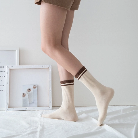 Women Slouch Crew Socks Breathable Cotton Blend Ribbed Knit Striped Cuff Japanese Style Retro Preppy Mid Calf Hosiery