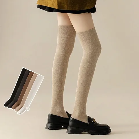 Women Over The Knee Socks Ribbed Knit Cotton Compression Slimming Thigh High Stay Up Minimalist Solid Color Japanese Style