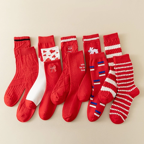 Calze Metà Polpaccio Donna Cotone Rosso Righe Motivo Coniglio Cuore Festivo Casual Traspirante Moda
