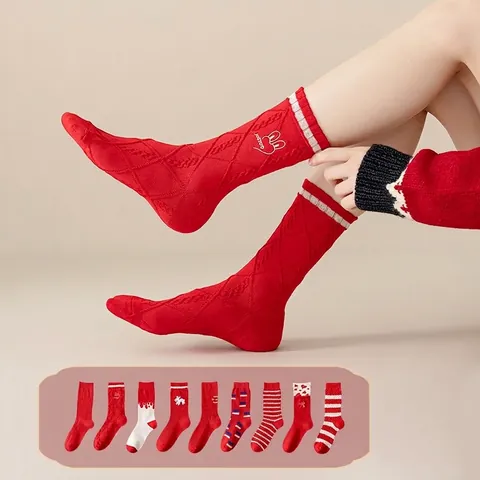 Calze Metà Polpaccio Donna Cotone Rosso Righe Motivo Coniglio Cuore Festivo Casual Traspirante Moda