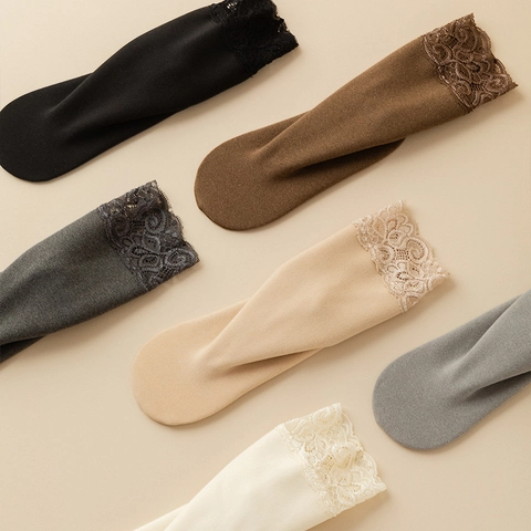 Women Winter Thickened Warm Socks Lace Trim Solid Color Mid Tube Cotton Vintage Sweet Fleece Lined