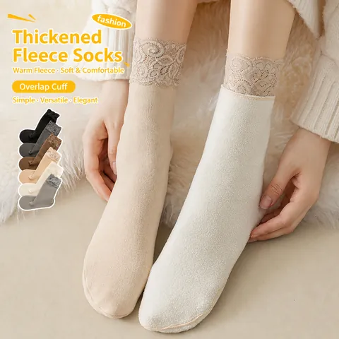 Women Winter Thickened Warm Socks Lace Trim Solid Color Mid Tube Cotton Vintage Sweet Fleece Lined