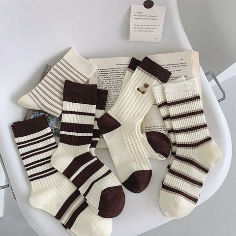 Chaussettes Mi-Mollet Pour Femmes Mélange De Coton Nervuré Rayé Broderie Ours Style Rétro Preppy Doux Respirant