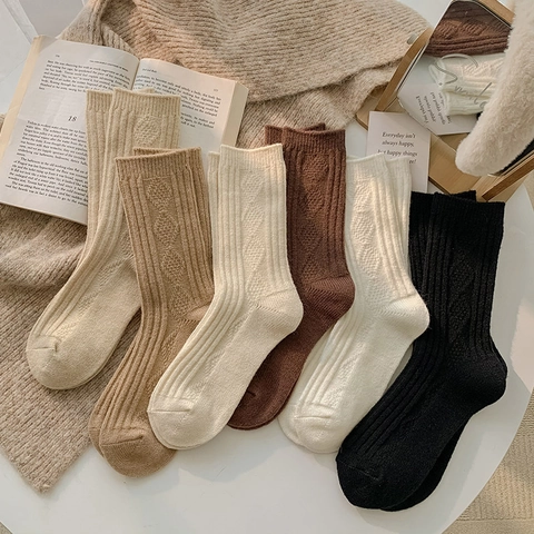 Damen Crew Socken Verdickt Warm Winter Acryl Polyester Nylon Mischung Zopfmuster Rautenmuster Einfarbig Lässig