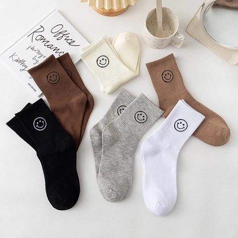 Women Cotton Mid Calf Socks With Smile Face Embroidery Korean Style Casual Soft Breathable Ribbed Cuff Hosiery
