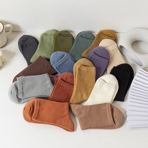 Women Mid Calf Socks Cotton Blend Ribbed Knit Solid Color Breathable Warm Japanese Style Minimalist Casual Hosiery