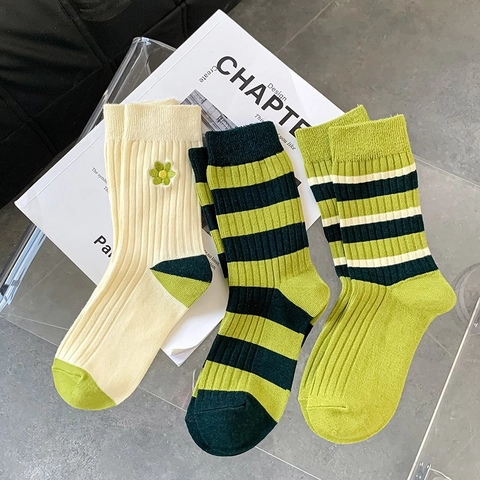 Women Cotton Crew Socks Striped Floral Embroidery Ribbed Knit Breathable Casual Japanese Style Mid Tube Hosiery