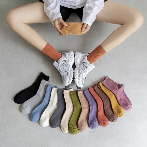 Women Mid Calf Socks Cotton Blend Ribbed Knit Solid Color Breathable Warm Japanese Style Minimalist Casual Hosiery