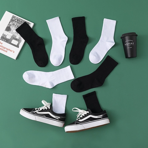 Crew Socken Baumwollmischung Gerippt Atmungsaktiv Wadenhoch Einfarbig Weiß Schwarz Japanischer Stil Casual Unisex
