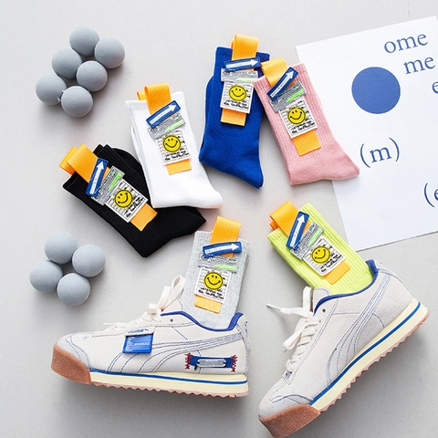 Dames Crew Sokken Katoen Ademend Streetwear Halverwege De Kuit Met Happy Face Patch En Decoratieve Lintlabels Casual Sportief