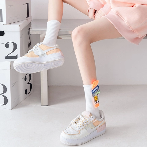 Dames Crew Sokken Katoen Ademend Streetwear Halverwege De Kuit Met Happy Face Patch En Decoratieve Lintlabels Casual Sportief