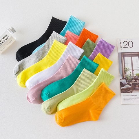 Damen Baumwolle Polyester Spandex Crew Socken Einfarbig Bonbonfarben Rippstrick Atmungsaktiv Casual Einfach Japanisch Mid Calf