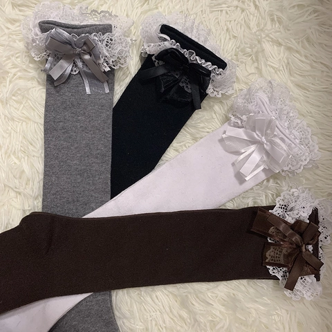 Chaussettes Mi-Mollet Lolita Mélange Coton Bordure Dentelle Noeud Doux Style Japonais JK Pour Femmes Filles