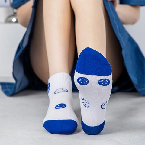 Ankle Socks Cotton Breathable Low Cut Smile Face Pattern Striped Checkerboard Klein Blue Preppy Style Casual For Women