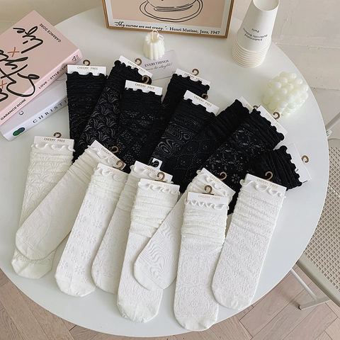 Women Slouch Socks Lace Mesh Cotton Breathable Hollow Out Ruffle Cuff Lolita JK Style Retro Flowers Pattern Mid Calf