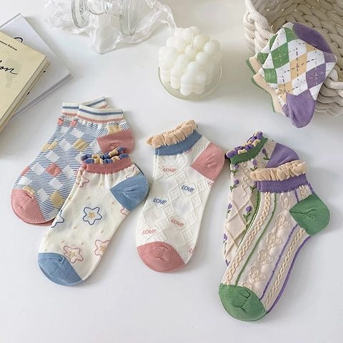 Calcetines Tobilleros Mujer Mezcla Algodón Borde Volantes Estampado Cuadros Flores Corazón Dulce Transpirable Informal