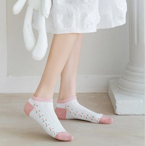 Chaussettes Invisibles Femmes Mélange Coton Respirant Style Japonais Motifs Fraise Fleurs Pour Filles