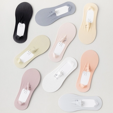 Women No Show Socks Invisible Low Cut Cotton Blend Breathable Mesh Non Slip Silicone Ice Satin Japanese Style Casual