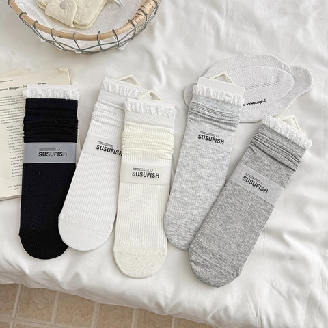 Women Cotton Blend Ribbed Knit Slouch Socks With Sweet Ruffle Trim Ballet Style Breathable Solid Color Mid Calf Crew Socks