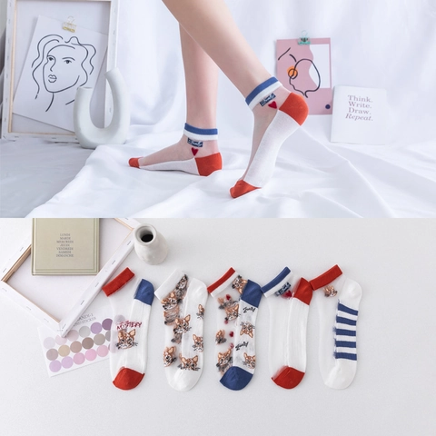 Chaussettes Courtes Femmes Mesh Coton Patchwork Respirant Fin Transparent Chat Dessin Animé Broderie Cœur Style Japonais
