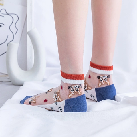 Chaussettes Courtes Femmes Mesh Coton Patchwork Respirant Fin Transparent Chat Dessin Animé Broderie Cœur Style Japonais