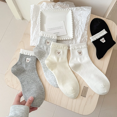 Damen Crew Socken Baumwollmischung Bärenstickerei Rüschenrand Atmungsaktiv Weich Lässig Süßer Stil Bequem Modisch