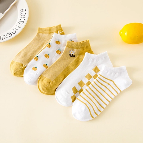 Chaussettes Courtes Femmes Mélange Coton Respirant Coupe Basse Décontracté Style Coréen Broderie Marguerite Motif À Carreaux