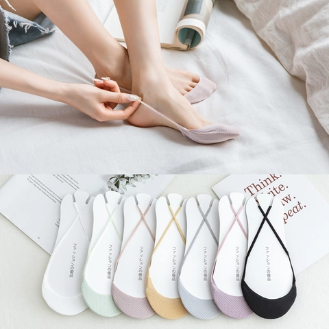 Women Cotton Mesh Invisible Boat Socks Non Slip Elastic Sling Low Cut Thin Breathable Sweat Absorbent Casual Half Palm Pad
