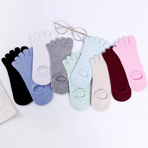 Calcetines De Cinco Dedos De Algodón Para Mujer Invisibles De Corte Bajo Anti Fricción Transpirables Color Sólido