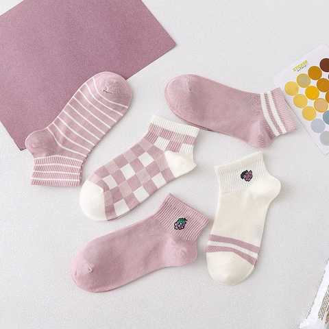 Calzini Alla Caviglia Donna Misto Cotone Traspirante Assorbente Sudore Righe Quadri Ricamo Uva Viola Rosa Bianco Stile Preppy