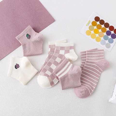 Calzini Alla Caviglia Donna Misto Cotone Traspirante Assorbente Sudore Righe Quadri Ricamo Uva Viola Rosa Bianco Stile Preppy