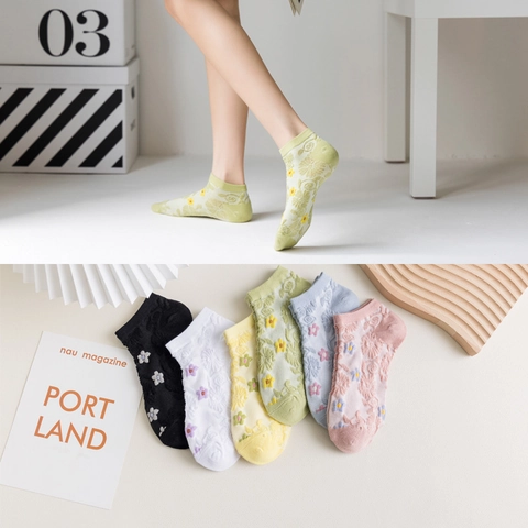 Women Low Cut No Show Socks Cotton Blend Breathable Mesh Floral Jacquard Small Flower Embroidery Retro Fresh