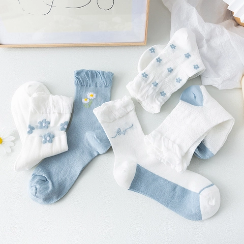Women Crew Socks Cotton Blend Breathable Mesh Floral Embroidery Ruffle Cuff Summer Thin Japanese Style