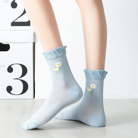 Women Crew Socks Cotton Blend Breathable Mesh Floral Embroidery Ruffle Cuff Summer Thin Japanese Style