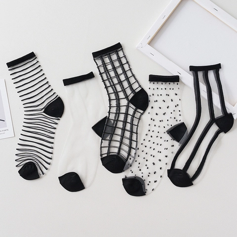 Women's Mesh Crew Socks Transparent Glass Satin Breathable Stripe Plaid Polka Dot Reinforced Heel Toe Simple Academy Style