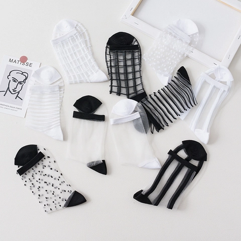 Women's Mesh Crew Socks Transparent Glass Satin Breathable Stripe Plaid Polka Dot Reinforced Heel Toe Simple Academy Style