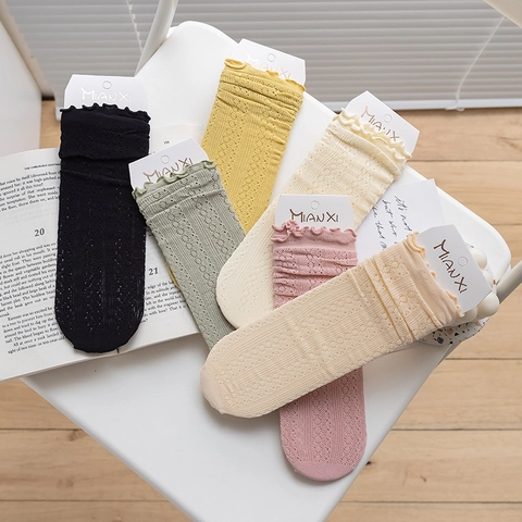 Women Cotton Lace Crew Socks Hollow Out Breathable Ruffle Trim Japanese Style Sweet Mori Girl Thin Solid Color