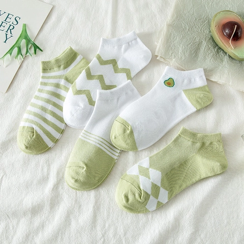 Calzini Alla Caviglia Donna Misto Cotone Traspirante Verde Avocado Righe Motivo Onde Ricamo Taglio Basso