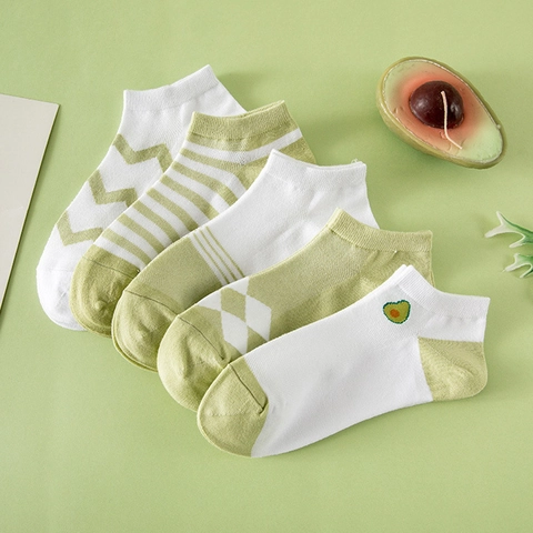 Calzini Alla Caviglia Donna Misto Cotone Traspirante Verde Avocado Righe Motivo Onde Ricamo Taglio Basso