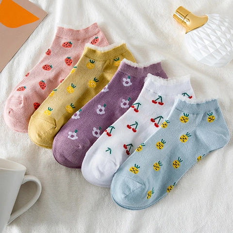 Calcetines Tobilleros Mujer Transpirable Algodón Lindo Fruta Fresa Cereza Patrón Encaje Borde Volante Dulce Cortos