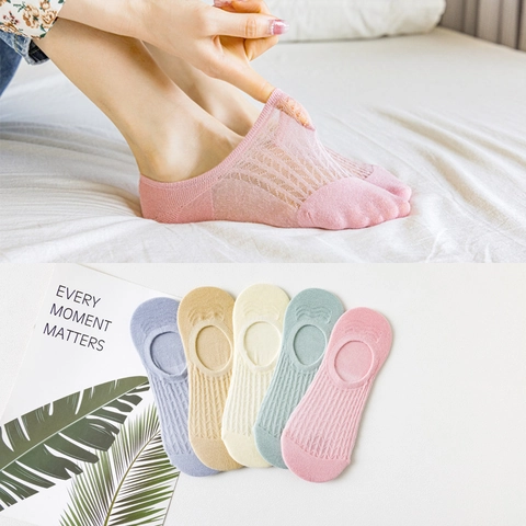 Women Invisible Boat Socks Breathable Mesh Cotton Blend Low Cut Non-Slip Silicone Heel Thin Summer Solid Color Soft