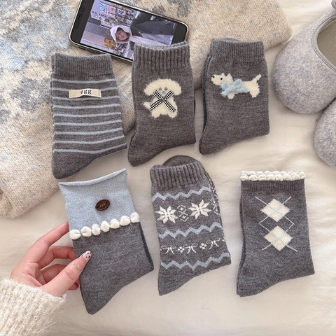 Women Wool Blend Mid-Calf Socks Korean Sweet Bowknot Cartoon Dog Slouchy Winter Warm Knitted Casual Socks Fashion Socks