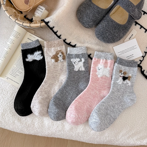 Calze A Tubo Medio Da Donna Misto Lana Inverno Caldo Spesse Casual Ricamo Cane Carino Morbido Comodo Lavoro A Maglia