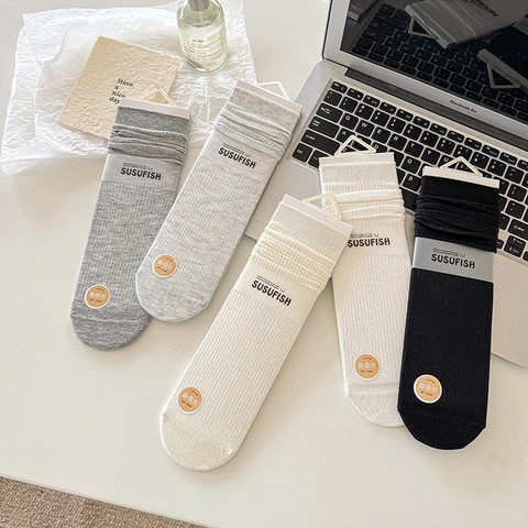 Women Mid Tube Socks Mulberry Satin Viscose Ribbed Seamless Toe Breathable Solid Color Balletcore Minimalist Elegant
