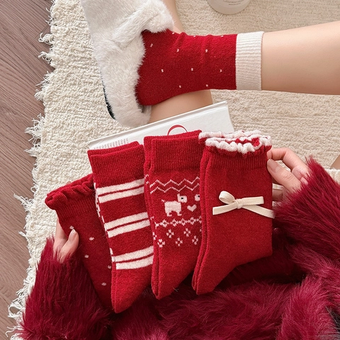 Womens Red Winter Warm Wool Blend Crew Socks Sweet Bow Knot Frill Trim Christmas Pattern Thick Knit
