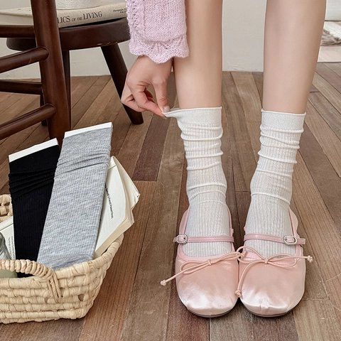 Women Mid Tube Socks Mulberry Satin Viscose Ribbed Seamless Toe Breathable Solid Color Balletcore Minimalist Elegant